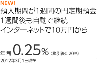 �a�����Ԃ�1�T�Ԃ̉~����a�� 1�T�Ԍ�������Ōp�� �C���^�[�l�b�g��10���~���� �N��0.25% (�ň���0.20%�j2012�N1��23������
