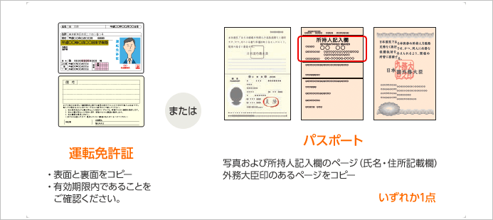 運転免許証またはパスポート いずれか1点