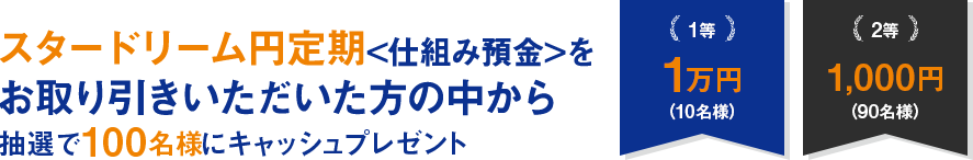 スタードリーム円定期<仕組み預金>をお取り引きいただいた方の中から抽選で100名様にキャッシュプレゼント