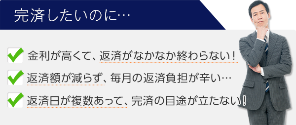 完済したいのに…[金利が高くて、返済がなかなか終わらない！][返済額が減らず、毎月の返済負担が辛い…][返済日が複数あって、完済の目途が立たない！]