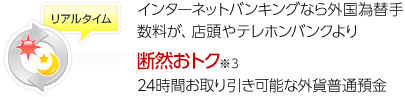インターネットバンキングなら外国為替手数料が、店頭やテレホンバンクより断然おトク 24時間お取り引き可能な外貨普通預金