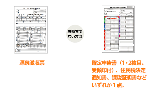 「源泉徴収票」お持ちでない方は「確定申告書(1・2枚目、受領印付)、住民税決定通知書、課税証明書などいいずれか1点。」